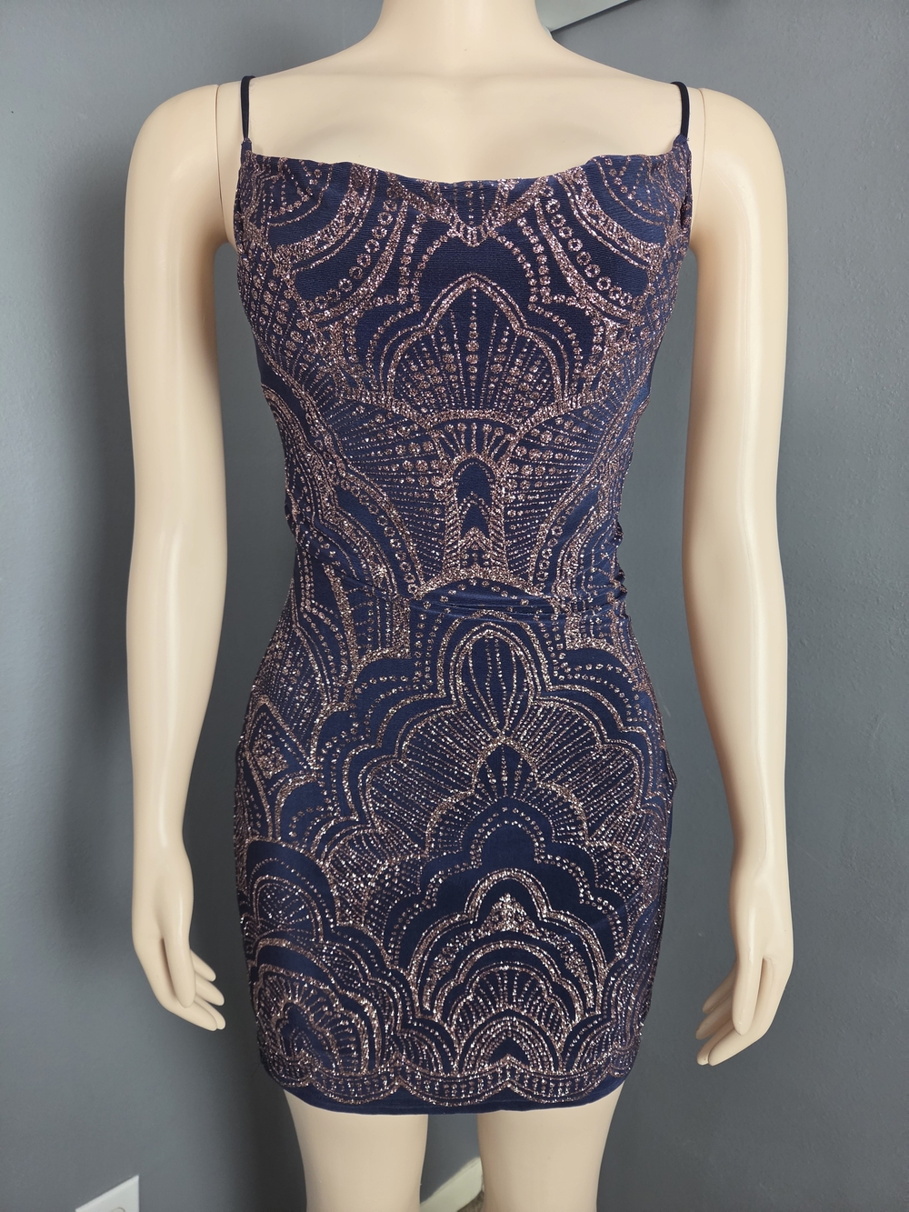Navy Mini Dress with Rose Gold Sequin Accents